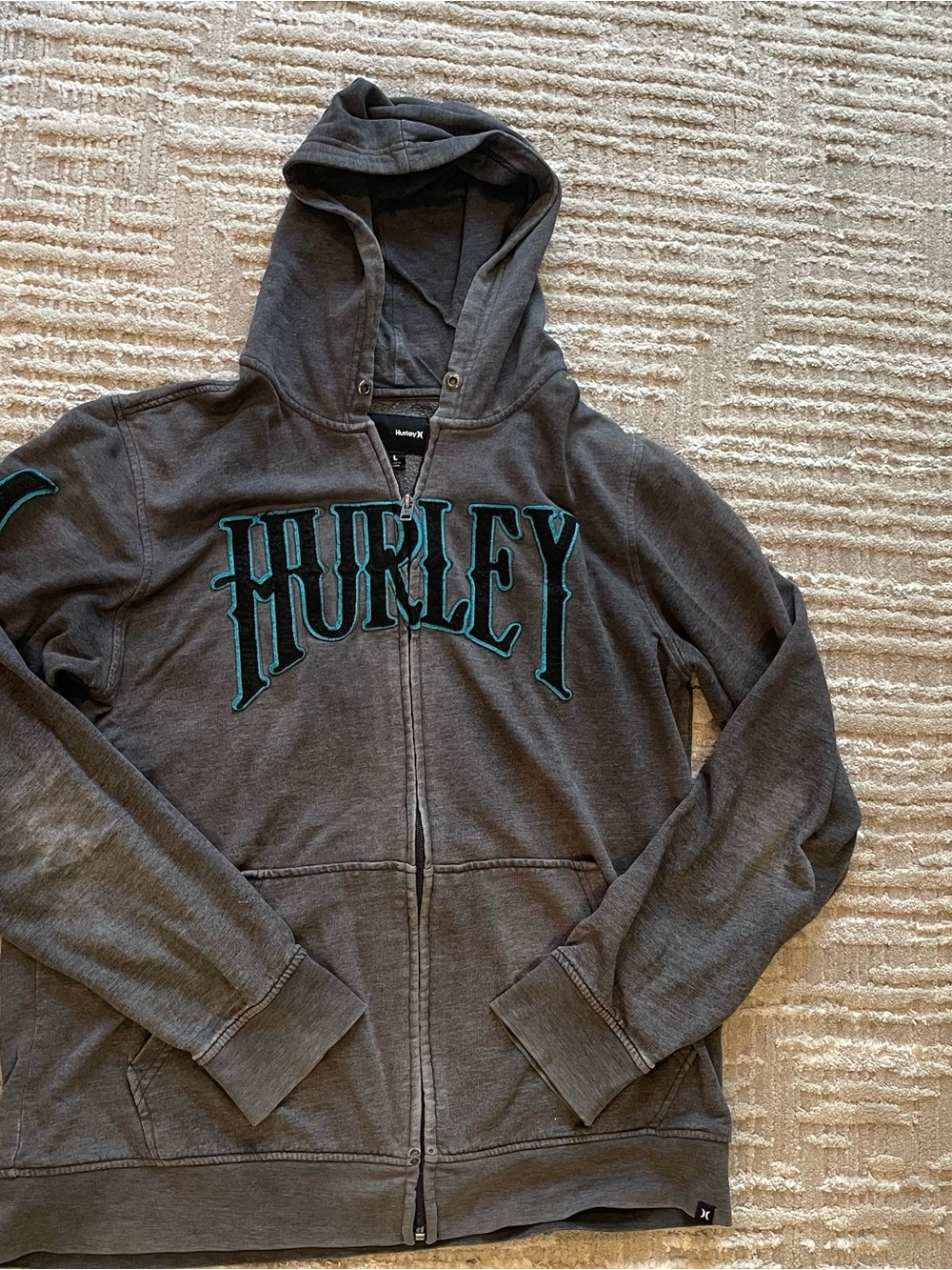 Hurley Dark Gray Zip Hoodie with Teal Lettering